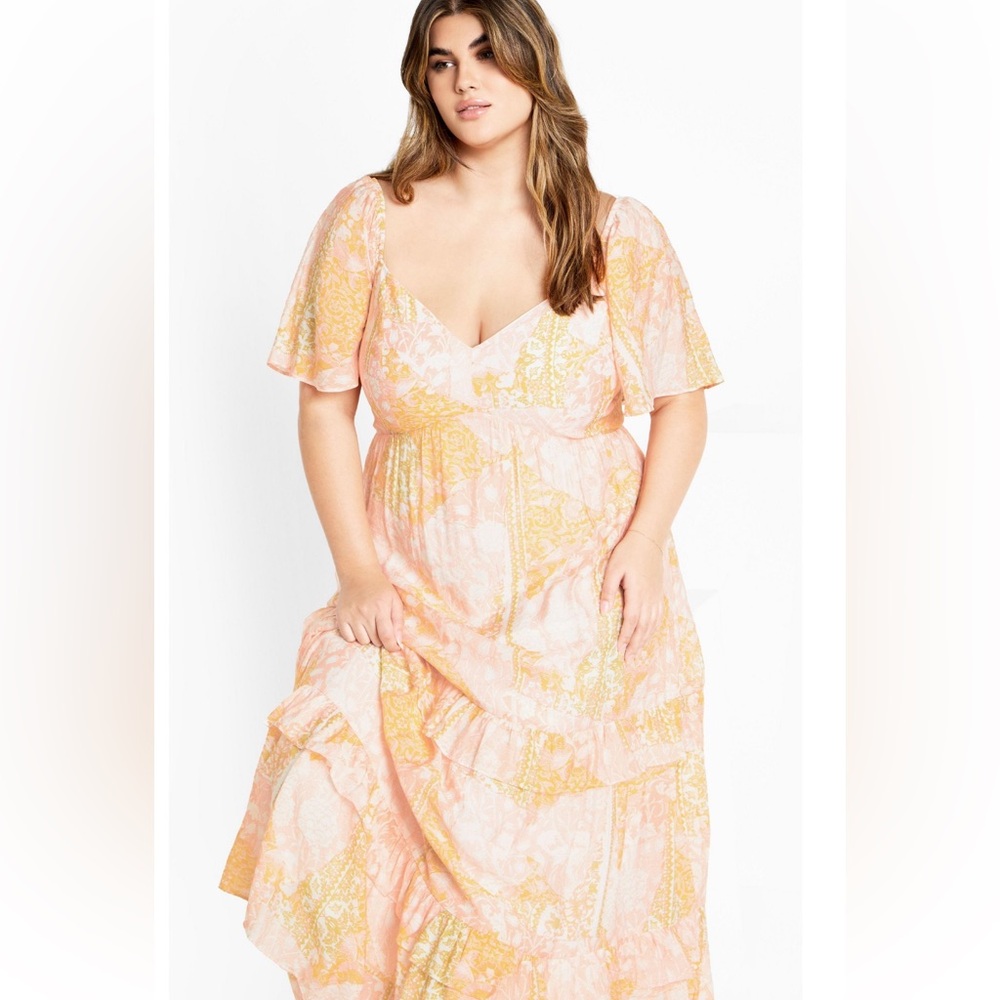 City Chic Maxi Dress, V-neck, short flutter sleeves, shirred back and pockets